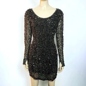 Vintage Riazee Beaded Sequin Mini Dress Womens 2-4 Black Body Con Long Sleeve